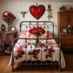A vintage Valentine's bedroom with an iron bed, classic red roses in a vase, and heart-shaped vintage frames.