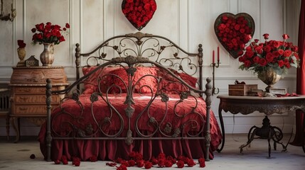 A vintage Valentine's bedroom with an iron bed, classic red roses in a vase, and heart-shaped vintage frames.