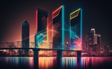 Futuristic Jacksonville, Florida, Cityscape Skyscraper, city skyline at night - obrazy, fototapety, plakaty
