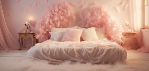 A whimsical bedroom with pastel colors, a white feather duvet, and a delicate heart pattern made from soft pink rose petals.
