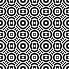 Black figures tessellation on white background. Image with oval and quadrangular shapes. Ethnic arabic mosaic tiles motif. Seamless surface pattern design with interlocking circles ornament. Vector.