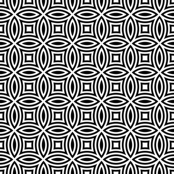 Black figures tessellation on white background. Image with oval and quadrangular shapes. Ethnic arabic mosaic tiles motif. Seamless surface pattern design with interlocking circles ornament. Vector.