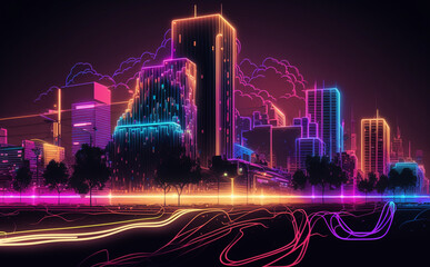 Futuristic Oklahoma City, Oklahoma, Cityscape Skyscraper, fountain at night - obrazy, fototapety, plakaty