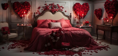 An artistic Valentine's bedroom with a unique bed design, creative red rose and heart arrangements, and decorative pestles.