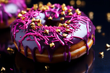 Purple icing on a delicious donut with pink and gold sprinkles
