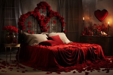 An artistic Valentine's bedroom with a unique bed, creative red rose and heart setups, and decorative pestles.