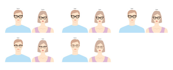 Set of Pantos frame glasses on women and men flat character fashion accessory illustration. Sunglass front view unisex silhouette style, spectacles eyeglasses with lens sketch style outline isolated