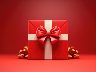 red gift box on a red background for Christmas or Valentine's Day