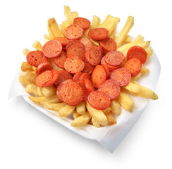 Peruvian street food: A disposable plate with "Salchipapas" a recipe that includes french fries and various types of sausage, accompanied by mayonnaise, mustard, ketchup and hot pepper