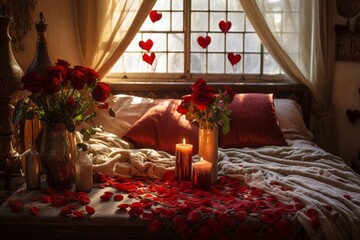 A bohemian Valentine's bedroom with a relaxed bed setting, scattered red roses, heart accents, and eclectic pestles.