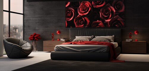 A contemporary bedroom with a monochrome palette, accented with a vibrant heart of red rose petals on a black duvet cover.