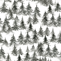Fototapeta premium Beautiful watercolor seamless pattern with textured gray coniferous fir forest. Mysterious monochrome pine trees texture for winter Christmas textile design, wrapping paper, surface