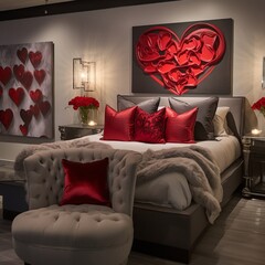 A boutique Valentine's bedroom with a designer bed, exotic red roses, and heart-shaped modern art pieces.