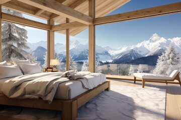 Luxurious mountain view bedroom with plush bedding and modern decor - obrazy, fototapety, plakaty