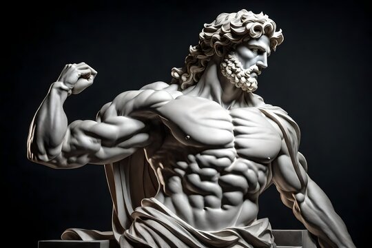 A statue from a muscular greek god statue with a wavey middel parting hair out of white marbel with a black backround standing on a podest animeted style