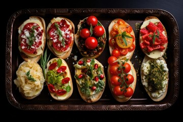 Assortment of gourmet bruschetta on a wooden tray, vibrant and colorful - obrazy, fototapety, plakaty