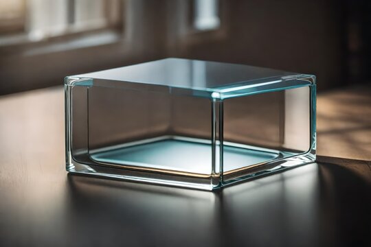 Cube, 4k, Object inside, clear glass, studio photography, neutral background, table top