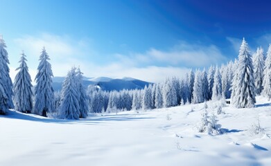 Expansive snowy landscape with towering frost-laden fir trees under a brilliant blue sky, bathed in sunlight