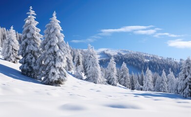 Obraz premium Breathtaking winter landscape with snow-covered trees under a clear blue sky, untouched snow blanketing the ground
