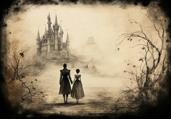 A fairy tale drawing with a happy ending, showing a palace in paradise, a prince and a princess from behind, on a blank space. Old paper from an ancient adventure book, framed with a black vignette