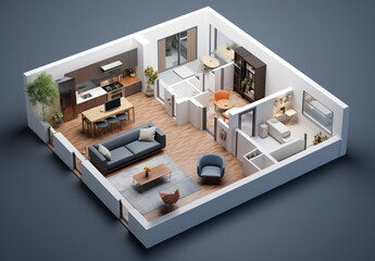 A 3D plan of a house with different rooms, walls, and furniture. Architectural housing layout in...