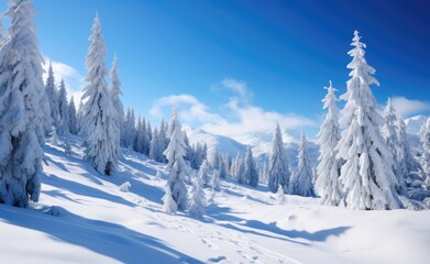 Fototapeta na wymiar Breathtaking winter landscape with snow-covered trees under a clear blue sky, untouched snow blanketing the ground