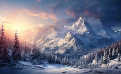 Alpine glow illuminates snow-capped peaks and frosted pine trees during a tranquil winter sunset