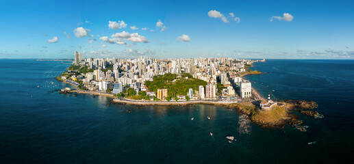 Vista Aérea do Farol da Barra e Porto da Barra no município de Salvador, Bahia, Brasil - obrazy, fototapety, plakaty