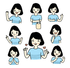 Illustration of asian woman character set, cartoon drawing style