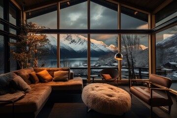Living room with large windows and magnificent views of the mountains at sunset