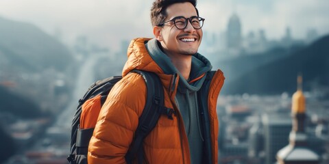 man with glasses and backpack smiling over a city, generative AI