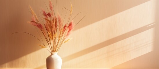White vase with pampas grass on a light background with shadows