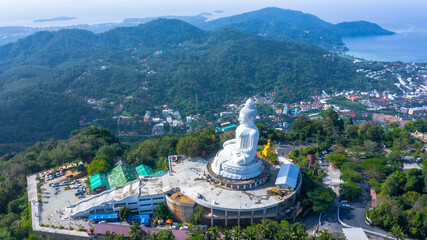 Big Buddha statue Was built on a high hilltop of Phuket Thailand Can be seen from a distance,...
