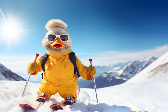 Duck thrilling ski adventure on a snowy mountain under the blue sky