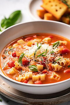 Pasta Fagioli soup in a white bowl with fresh herbs