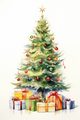 Christmas tree with gifts watercolor style illustration on white background