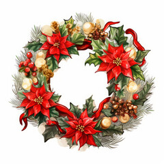 Fototapeta na wymiar Christmas wreath illustration, red and green festive wreath