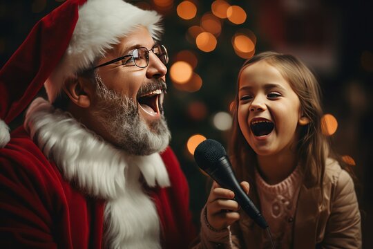 Illustration of a father wearing a Santa Claus hat and a daughter singing karaoke Christmas songs together