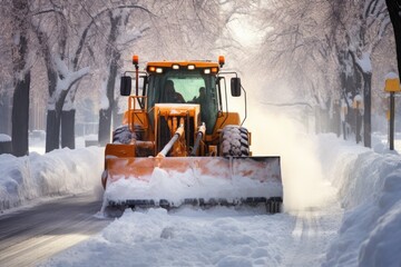 A snowplow clears the street of snow in an urban winter setting during a snowfall - obrazy, fototapety, plakaty