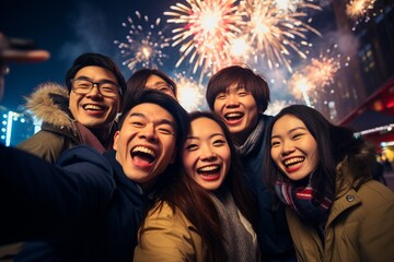 group of Asian friends taking a selfie on new year’s eve celebration, with fireworks at the background, young adults smiling cheerfully having a good time nightlife - obrazy, fototapety, plakaty