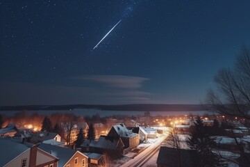 Santa claus on his sleigh flying over a city, represented as a shooting star passing over a small American town at christmas night, winter time panoramic shot