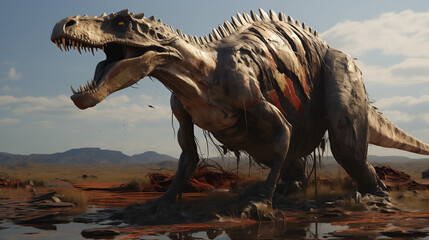 Obraz premium Mutant zombie dinosaur roaring in danger of extinction in a desert environment. Prehistoric dino reptile in a 3d recreation.