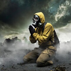 a man kneeling down praying in a disaster are with a gas-mask and torn clothes with a dark sky and black clouds - obrazy, fototapety, plakaty