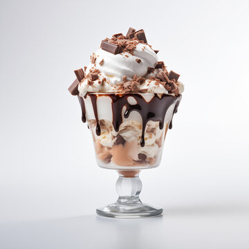chocolate ice cream sundae against a white background