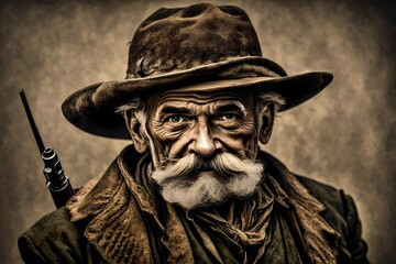 evil looking old man, 1800s hunter, with a gun from jumanji, with a hunter hat, no beard, with moustache, graphic - obrazy, fototapety, plakaty