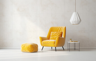 yellow chair and ottoman mockup, in the style of textured minimalist abstractions, light white and amber, minimalist ceramics, industrial-inspired, captivating lighting, deco-pop, marble