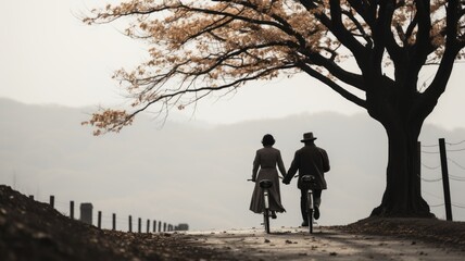 two elderly people enjoying a bike ride in a rural area, enjoying the country, and what is left of their lives