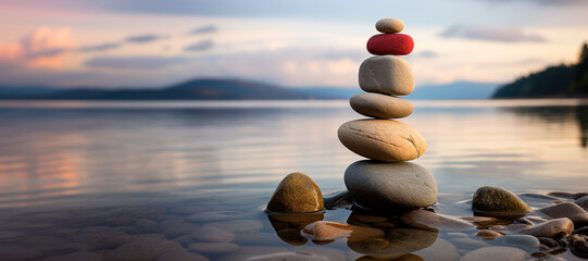 Stacked Zen Stones at Sunset on Serene Beach