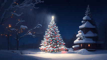 Xmas tree covered in snow, elegantly decorated with lights that twinkle and shimmer, creating a scene of festive beauty and holiday charm. AI-Generated