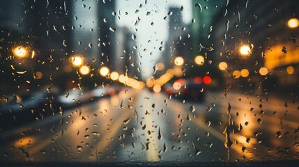 A blurred cityscape through a rain-covered window
